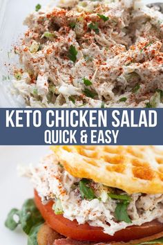 keto chicken salad with bacon, lettuce and tomato on a waffle