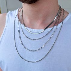 "- SILVER Stainless Steel Layered Chain Necklace for Men - Please choose your chain style, choose your chain length, and enjoy your new stylish chain necklaces! 😊 If you'd like no extender, a 2\" extender, or a longer extender, you can customize this in the personalization box! This item is waterproof, nickel-free, and lead-free. This item is made of high-quality materials and it will NOT tarnish nor discolor for a long time. This item is hypoallergenic so it won't irritate sensitive skin. P R Mens Stainless Steel Necklace, Mens Silver Chain Necklace, Chain Layered Necklace, Elegant Gift Wrapping, Chain Necklace For Men, Silver Chain For Men, Layered Chain Necklace, Layered Chain, Stainless Steel Chain Necklace