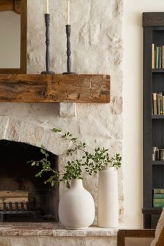 a living room with a fireplace and bookshelf