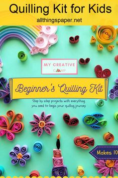 cover of beginner's quilling kit showing small, colorful rolled paper flowers, butterflies, hearts, etc. Quilling Kits For Beginners, Easy Quilling For Beginners, Free Quilling Patterns Printables, Quilling For Kids, Free Quilling Patterns, Cute Projects, Quilling Instructions, Quilling Supplies, Quilling Letters