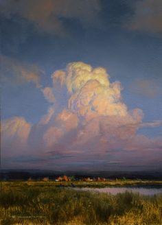 an oil painting of clouds in the sky over a marshy area with grass and trees