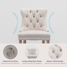 an image of a white chair with buttons on the back and buttoned design around it