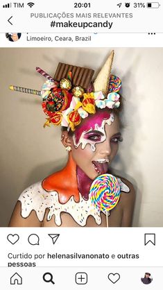 a woman with makeup and candy on her face