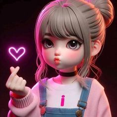 an animated doll holding a pink heart in her right hand and pointing to the left