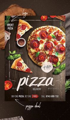 a pizza flyer is displayed on a wooden table with other food items and garnishes