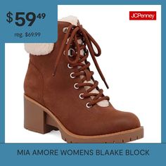 Inspired by utilitarian fashion, the Blaake is a winter staple. Crafted with faux leather, shearling upper and our signature footbed giving you maximum comfort and warmth.Features: ComfortClosure Type: Lace-UpShaft Circumference: 12 InchesBoot Shaft Height: 5 InchesPlatform Shoe Height: 1 InchShoe Heel Height: 2 1/2 InchesUpper/Outer Base Material: 100% PolyuretheneShoe Lining Material: PolyurethaneSole Material Content: 100% Thermoplastic-RubberCalf Width: RegularToe Type: Plain Toe, Closed To… Utilitarian Fashion, Heeled Lace Up Boots, Boots Brown, Lace Boots, Brown Boots, Lace Up Boots, Block Heels, Heel Height, Faux Leather