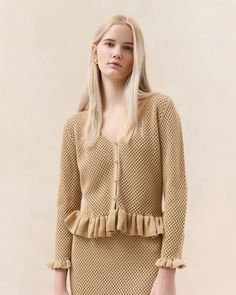 Shop the Birdie Tan Cardigan at Loefflerrandall.com Fitted Summer Cardigan For Brunch, Elegant Pointelle Knit Summer Cardigan, Elegant Summer Pointelle Knit Cardigan, Elegant V-neck Cardigan For Vacation, Summer Textured Knit Beige Cardigan, Summer Knit Cardigan For Daywear, Summer Beige Textured Knit Cardigan, Chic Summer Cardigan For Brunch, Chic Ruffled Spring Cardigan