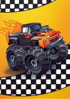 an orange monster truck with flames coming out of it's front tires on a checkered background