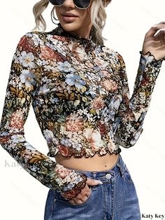 Katykey - Womens Casual Long Sleeve Floral Print Lettuce Trim Tee – Stylish Summer Crop T-Shirt for Womens Fashion Casual Fitted Floral Print T-shirt, Floral Print Stretch Crew Neck Top, Stretch Floral Print Crew Neck Top, Botanical Style Floral Print T-shirt For Spring, Multicolor Floral Print Non-stretch Top, Spring Long-sleeve Tops With Butterfly Print, Multicolor Long Sleeve Floral Print T-shirt, Ditsy Floral, Crop Tshirt