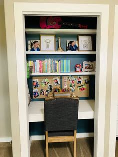 a chair sitting in front of a bookshelf filled with children's toys