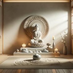 a buddha statue sitting on top of a wooden floor