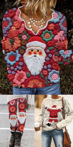 two pictures of santa clause sweaters with flowers on them and one is wearing jeans