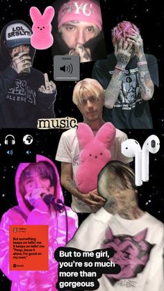 a collage of photos with the same person holding a pink teddy bear in front of them