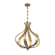 a chandelier hanging from the ceiling with an intricate design and gold leaf accents