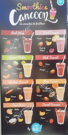 a sign showing the different types of smoothies and juices on it's side