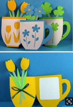 two pictures of coffee cups with flowers in them, one is made out of paper