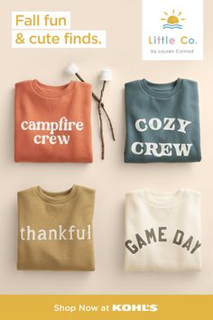 Get cute crews for every fall activity! From campfires to game day, find kids’ styles for every occasion from Little Co. by Lauren Conrad at Kohl’s and Kohls.com. Stickers Animals, Lauren Conrad Style, Fall Activity, Kids Styles, Thanksgiving Shirts, Trendy Tee, Lauren Conrad, Comfy Outfits