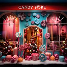 a candy store window display with lots of lollipops and other candies