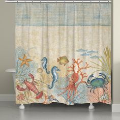 an ocean themed shower curtain with sea animals and corals on the bottom right side