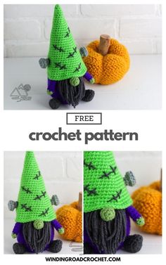 crocheted halloween gnome with green hat and purple pants