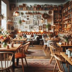 the interior of a restaurant with tables, chairs and bookshelves filled with plants