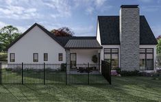 this is an artist's rendering of a house in the country side with black iron fence