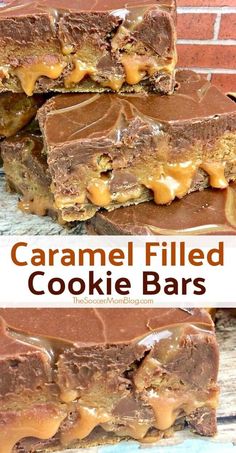 caramel filled cookie bars stacked on top of each other with the text overlay