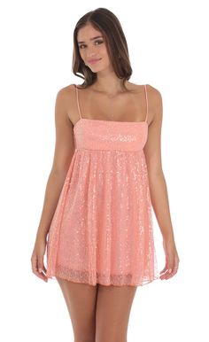 Sequin Mesh Babydoll Dress in Coral Mesh Babydoll Dress, 8th Grade Formal Dresses, Upf Clothing, School Dance Dresses, Dresses Date Night, Casual Day Dresses, Straight Dress, Junior Bridesmaid Dresses, Fabulous Dresses