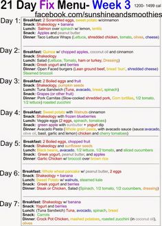 Sunshine and Smoothies Fitness: 21 Day Fix Menu - Week 3 21 Day Fix Menu 1500-1799, 21 Day Fix Menu, Fitness Smoothies, Snacks Diy