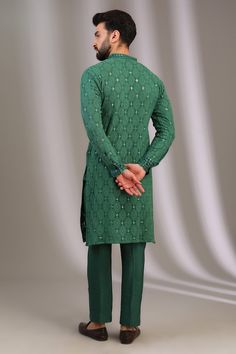 Green kurta with chikankari thread embroidered ellipse patterns, embellished by sequins. Comes with pant. - Aza Fashions Chikankari Kurta, Cocktail Reception, Kurta With Pants, Pants Pattern, Mandarin Collar, Cotton Silk, Aza Fashion, Mens Pants, Types Of Sleeves