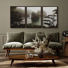 a living room with three pictures on the wall and a coffee table in front of it