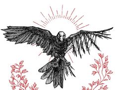 a drawing of a bird with its wings spread out and sunbursting above it