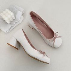 Pale Round Toe Shoes – Luxandluxy White Flat Heels With Rubber Sole, White Slip-on Heels With Rubber Sole, Aesthetic Balletcore, Silver Chunky Heels, Elegant Coquette, Zapatos Mary Jane, Chunky Heel Shoes, Butterfly Knot, Round Toe Shoes