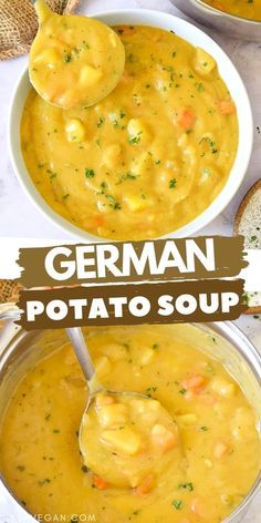 two bowls filled with different types of soup and one has a spoon in the bowl