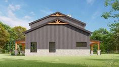 this is an artist's rendering of a barn style house with a covered porch