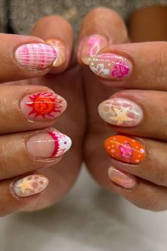 This ocean-inspired nail design set by @stylebycambria (IG) features bold orange and pink shades for a fun summer look. The vibrant colors capture the essence of summer, making the design playful and eye-catching. Explore 25 cute and fun summer nail designs that are perfect for beach lovers! Whether you’re looking for bold colors or simple styles, find the perfect nails here. Fun Summer Nail Designs, Summer Nail Design Ideas, Summer Nail Art Ideas, Fun Summer Nails, Summer Nail Designs, Graduation Nails, Summer Nail Art, Summery Nails, Pink Shades