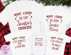 Buffalo Plaid Matching Family Christmas Shirts Most Likely To Funny Pajamas Christmas Holiday Outfits Pjs Pyjamas Mom Dad Toddler Baby KidWelcome to Stella & Grace Tees! This listing is for ONE (1) adult unisex t-shirt or (1) Adult Unisex Long Sleeve or (1) Baby Bodysuit (with short sleeves) or (1) Baby Tee or (1) Toddler Tee or (1) Youth Tee with your selected design.(All shirts are white)❤ BS stands for 'Bodysuit'We offer:❤ High quality prints that will last over time❤ Comfortable & fl Cricut Christmas Pyjamas, Pj Ideas, Matching Family Christmas Shirts, Bodysuit With Shorts, Christmas Pyjamas, Funny Pajamas, Pajamas Christmas, Holiday Outfits Christmas, Santa Cookies