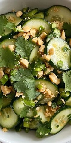 cucumber and mint salad in a white bowl