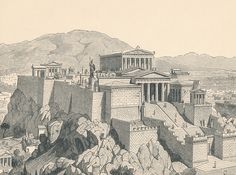 an old drawing of the acrobatic temple on top of a mountain