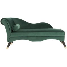 a green velvet chaise lounge chair with wooden legs and curved armrests on an isolated white background