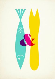 two fish are standing next to each other in front of a yellow and blue surfboard