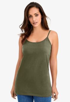 This basic cami top with adjustable straps gives you a versatile layering piece for every season. in a classic straight fit 26" longscooped Green Cami, Thermal Sweater, Shrug Cardigan, Womens Scrubs, Dark Olive Green, Stretch Top, Sweater Tank Top, Swimsuits For All, Tunic Shirt