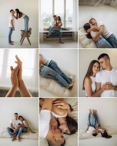 a man and woman cuddle together on the bed in their home, while they are posing for pictures with each other