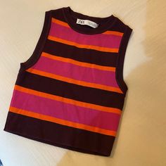 Zara Striped Muscle Tank In Knit Material. Bright Color With Thicker, Quality Fabric & Crop Fit. New With Tags. Trendy Purple Knitted Tops, Trendy Ribbed Pink Knit Top, Casual Purple Knit Top, Trendy Pink Stretch Knit Top, Trendy Pink Cotton Knit Top, Pink Knitted Sleeveless Top, Pink Sleeveless Knitted Top, Pink Knitted Crew Neck Top, Trendy Pink Knitted Top