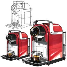 a drawing of a coffee machine with two cups