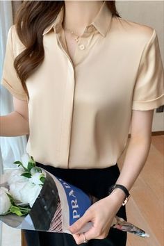 Shop this Champagne Satin Short Sleeved Top from our Tops collection. Pradize.com | Online Boutique Fashion Store Silk Collared Shirt, Beautiful Tops, Ladies Tops Blouses, Tops For Ladies, Business Outfits Women, Feminine Women, Satin Short, Boutique Fashion, Shirt Short Sleeve