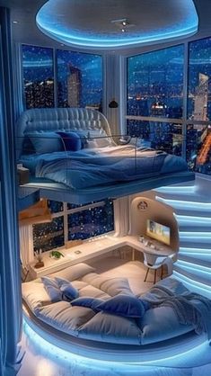 a bedroom with bunk beds in the middle of it and city lights shining on the windows