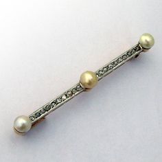 "Antique French 18 K (.750) gold bar brooch, decorated with Rose Cut Diamonds and Baroque Pearls. This stately brooch is 2 1/4\" long and weighs 5.8 grams. EA641" Elegant Yellow Gold Brooches For Ceremonial Wear, Elegant Yellow Gold Brooches For Ceremonial Occasions, French Bar, Bar Brooch, Star Pendant Necklace, Gold Bar, Rose Cut Diamond, Star Pendant, Baroque Pearls