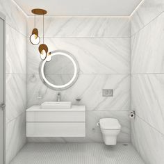 a white bathroom with marble walls and floor