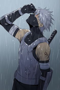 an anime character standing in the rain with his hands on his head and arms behind his head